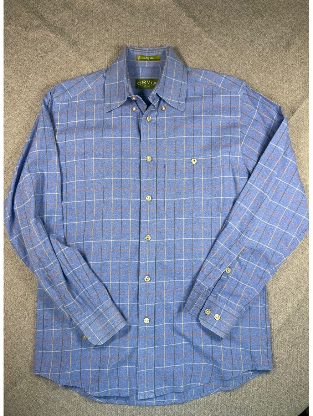 Orvis Classic Blue Plaid Button-Up Cotton Shirt Size Small